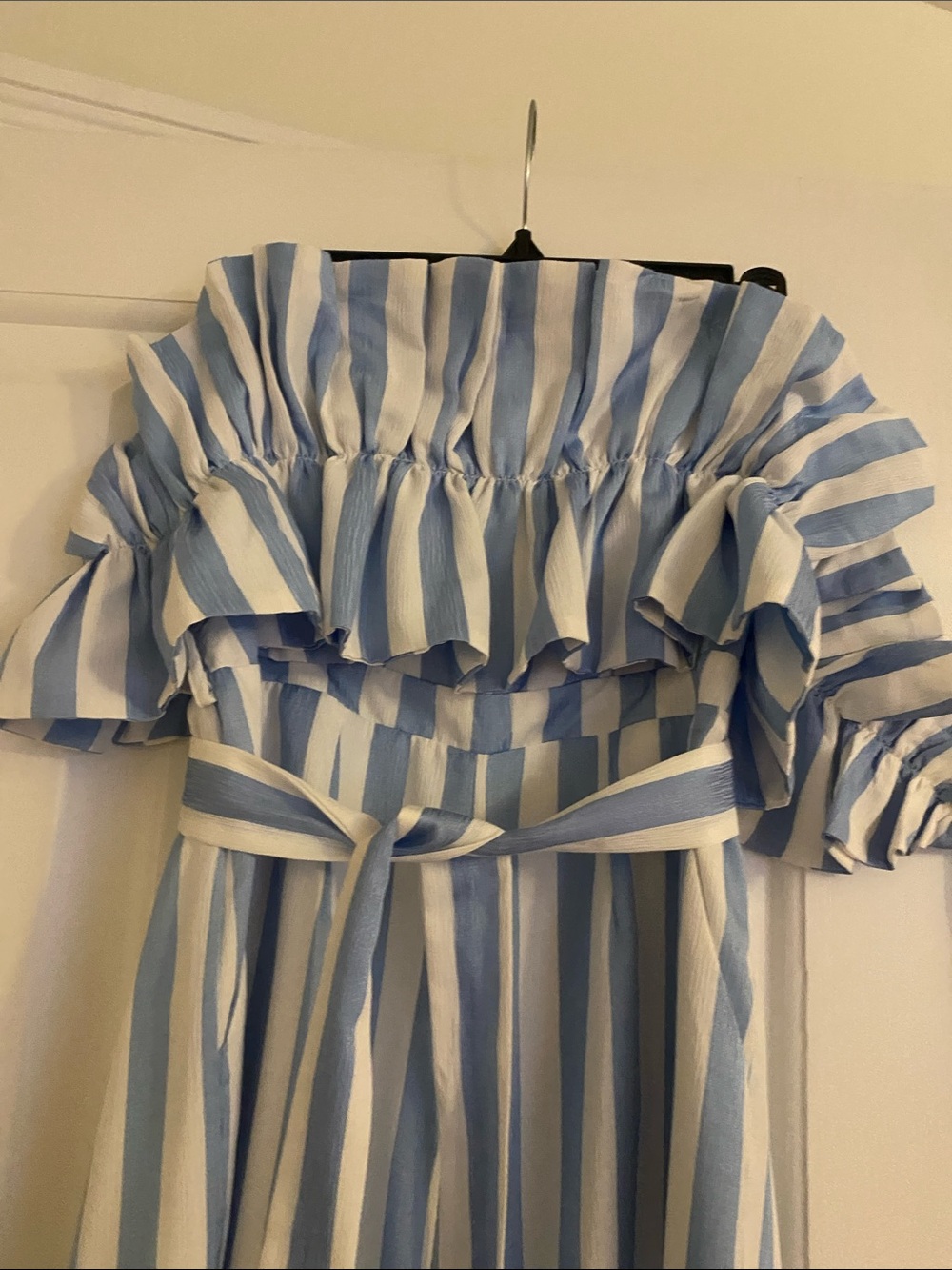 Striped Blue & White Strapless Jumpsuit with Tie Waist